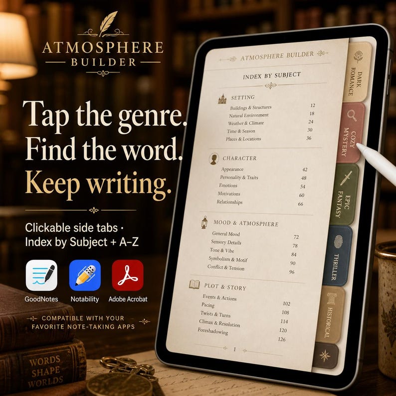 Beschreibende Wörter für Autoren, Genre-Vokabular, Schreibthesaurus für Schauplatz- und Sinnesbeschreibungen, GoodNotes-Autorentool Bild 6