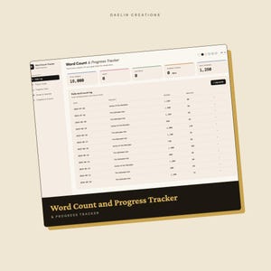 May include: A digital Word Count & Progress Tracker interface by Daelin Creations. The dashboard displays total words, daily logs, and project statistics including dates, word counts, and minutes spent writing for projects like Ashes of the Meridian.