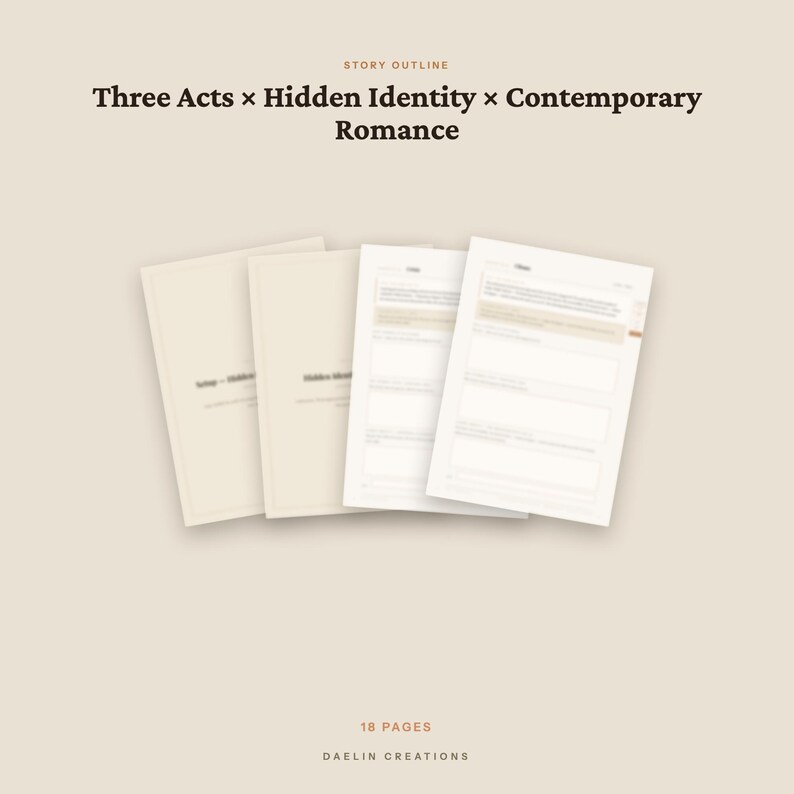 Pu&ograve; includere: Un modello digitale di struttura narrativa per un romanzo rosa contemporaneo di 18 pagine. Il testo recita: Story Outline, Three Acts x Hidden Identity x Contemporary Romance, 18 Pages e Daelin Creations. Il documento &egrave; beige.