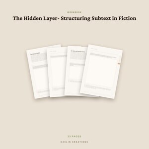 Pode incluir: Um caderno de exerc&iacute;cios intitulado The Hidden Layer- Structuring Subtext in Fiction, com quatro p&aacute;ginas brancas sobrepostas com texto escuro num fundo bege claro. O documento inclui o texto 23 PAGES e DAELIN CREATIONS na parte inferior.