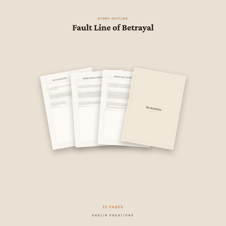 Pode incluir: Um documento de esbo&ccedil;o de hist&oacute;ria intitulado Fault Line of Betrayal, com 22 p&aacute;ginas. O layout exibe quatro folhas de papel branco empilhadas com texto, incluindo uma p&aacute;gina de rosto rotulada The Resolution, em um fundo bege s&oacute;lido.
