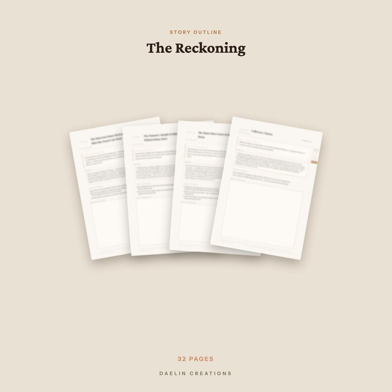 Puede incluir: Un documento digital de esquema de historia titulado The Reckoning, que presenta cuatro p&aacute;ginas blancas superpuestas con texto negro y secciones estructuradas. El documento incluye el texto 32 PAGES y DAELIN CREATIONS en la parte inferior en beige.