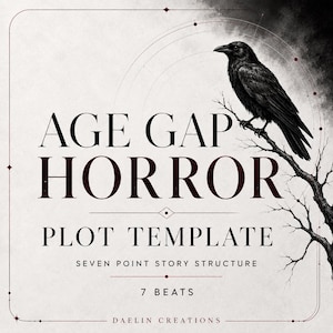 May include: A square graphic design featuring a black raven perched on a bare tree branch. The text reads AGE GAP HORROR PLOT TEMPLATE, SEVEN POINT STORY STRUCTURE, 7 BEATS, and DAELIN CREATIONS. The background is off-white with thin dark lines.