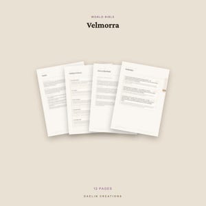 May include: A set of four white document pages titled World Bible Velmorra, featuring printed text and headings. The pages are arranged in a fan-like display against a light beige background. The bottom of the image displays 12 PAGES DAELIN CREATIONS.