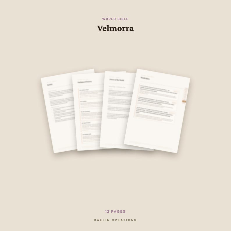 May include: A set of four white document pages titled World Bible Velmorra, featuring printed text and headings. The pages are arranged in a fan-like display against a light beige background. The bottom of the image displays 12 PAGES DAELIN CREATIONS.