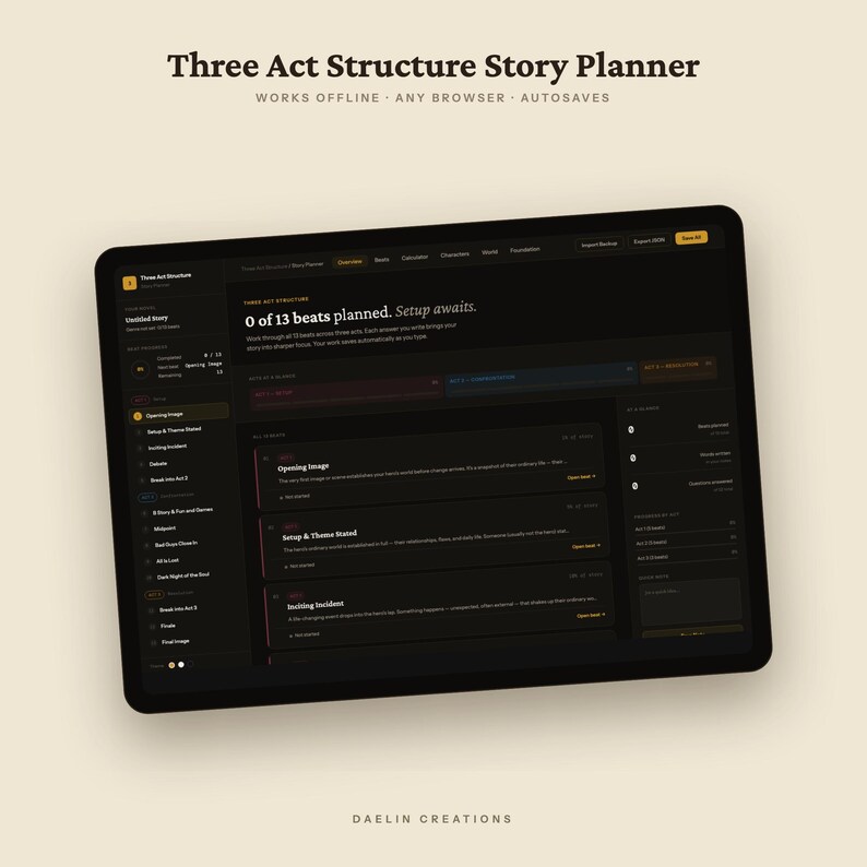 Interactive Novel Planner HTML Dashboard – Three Act Structure Story Tool (Digital Download) image 9