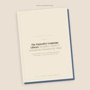 Op de afbeelding: Een rechthoekige digitale naslaggids getiteld The Figurative Language Library: Metaphor, Simile & Synesthesia Organized by Mood. De omslag is cr&egrave;mekleurig met zwarte en beige tekst, een dunne rand en een donkerblauwe achterlaag.