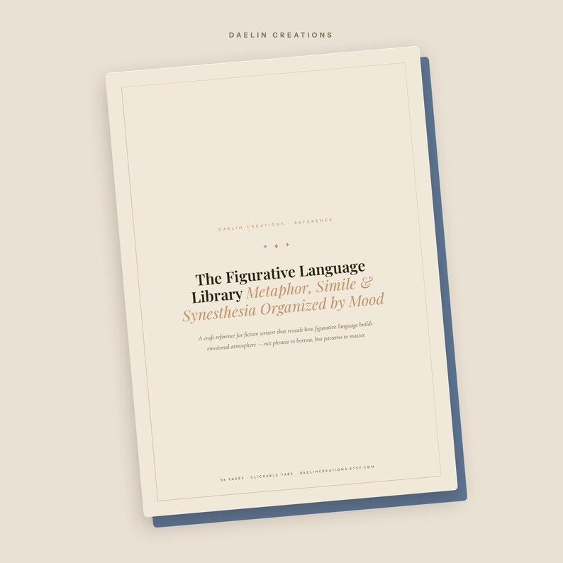 Op de afbeelding: Een rechthoekige digitale naslaggids getiteld The Figurative Language Library: Metaphor, Simile & Synesthesia Organized by Mood. De omslag is cr&egrave;mekleurig met zwarte en beige tekst, een dunne rand en een donkerblauwe achterlaag.