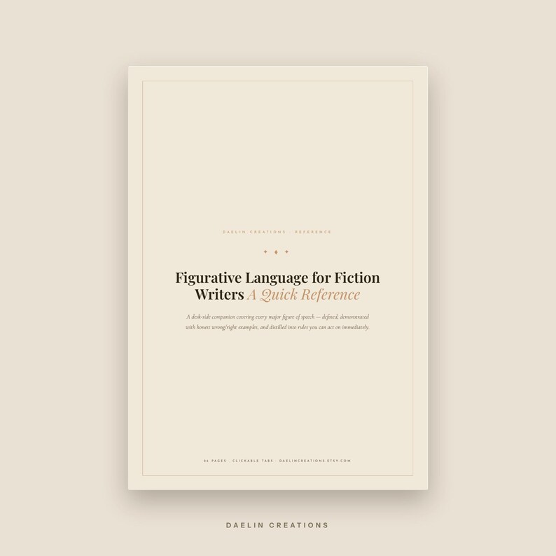 以下が含まれることがあります： 「Figurative Language for Fiction Writers A Quick Reference」というタイトルの長方形のリファレンスガイド。表紙はクリーム色で、黒とベージュの文字、細い枠線、小さな装飾的な区切り線、そして「Daelin Creations」というテキストが記載されています。