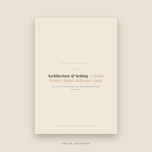 May include: A beige digital reference guide titled Architecture & Setting A Fiction Writer's Quick-Reference Guide. The cover features black and tan text, including the subtitle Instant rules, craft notes, and wrong-vs-right examples for building worlds that feel lived-in and real.