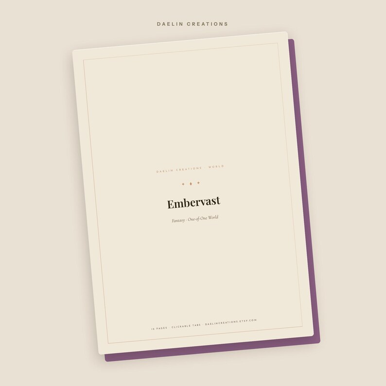 Puede incluir: Una portada de planificador digital en crema con un borde morado. El texto dice Daelin Creations, Embervast, Fantasy One-of-One World, 16 pages, clickable tabs y daelincreations.etsy.com. El dise&ntilde;o presenta un marco rectangular fino.