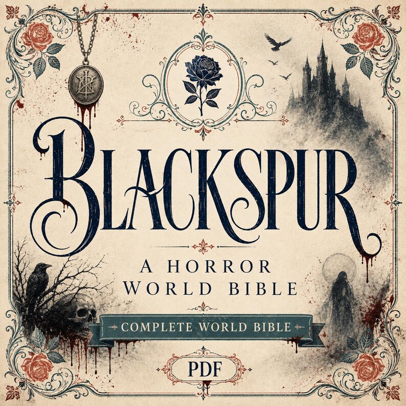 Op de afbeelding: Een digitale boekomslag getiteld Blackspur A Horror World Bible met een cr&egrave;mekleurige achtergrond, voorzien van een donker kasteel, een schedel, een raaf, een hanger en rode rozen. Het ontwerp bevat sierlijke randen, bloedspatten en een PDF-label.