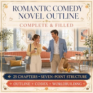 May include: A digital graphic titled ROMANTIC COMEDY NOVEL OUTLINE COMPLETE & FILLED featuring a person in a yellow shirt and a person in a blue blazer. Text includes 25 CHAPTERS, SEVEN-POINT STRUCTURE, OUTLINE, CODEX, and WORLDBUILDING.