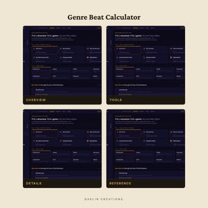 May include: A digital interface titled Genre Beat Calculator featuring four dark-themed panels labelled Overview, Tools, Details, and Reference. The screen displays options to pick a structure and genre, with text including Save the Cat and Daelin Creations.