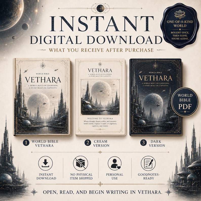 May include: Three digital book covers titled Vethara, featuring a futuristic city and moon. Includes a cream version, a dark version, and a world bible version. Text includes Instant Digital Download, World Bible, and Open, read, and begin writing in Vethara.