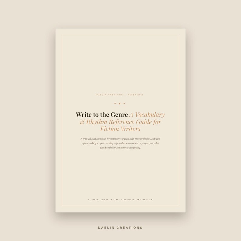Puede incluir: Una gu&iacute;a de referencia rectangular titulada Write to the Genre: A Vocabulary & Rhythm Reference Guide for Fiction Writers. La portada es de color crema con texto en negro y marr&oacute;n, incluyendo un subt&iacute;tulo y descripci&oacute;n del estilo.