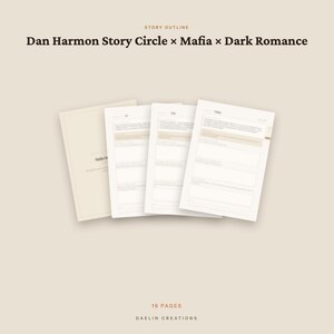 Puede incluir: Un documento de esquema de historia de 16 p&aacute;ginas titulado Dan Harmon Story Circle x Mafia x Dark Romance. Incluye una portada beige y tres p&aacute;ginas interiores con secciones estructuradas para escribir, sobre un fondo beige s&oacute;lido.