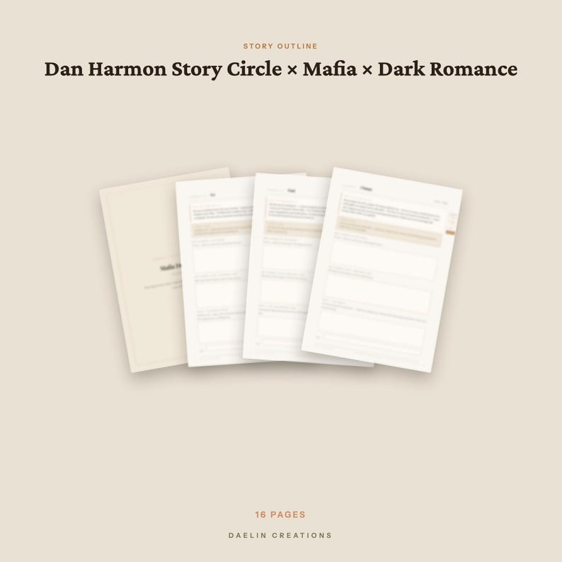 Puede incluir: Un documento de esquema de historia de 16 p&aacute;ginas titulado Dan Harmon Story Circle x Mafia x Dark Romance. Incluye una portada beige y tres p&aacute;ginas interiores con secciones estructuradas para escribir, sobre un fondo beige s&oacute;lido.