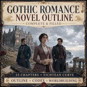 May include: A digital document titled Gothic Romance Novel Outline Complete & Filled, featuring an illustration of two men and a woman in Victorian attire before a castle and sea. Text includes 25 Chapters, Fichtean Curve, Outline, Codex, and Worldbuilding.