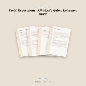 Pu&ograve; includere: Una guida di riferimento per scrittori di 24 pagine intitolata Facial Expressions- A Writer's Quick-Reference Guide di Daelin Creations. Il documento presenta quattro pagine bianche sovrapposte con testo nero e sezioni evidenziate da rettangoli rosa.