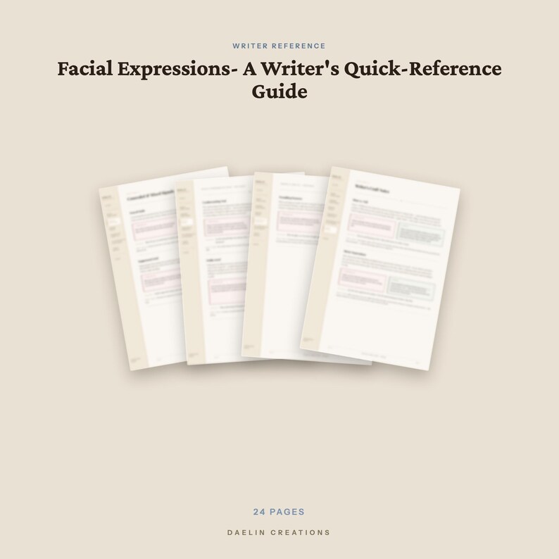 Pu&ograve; includere: Una guida di riferimento per scrittori di 24 pagine intitolata Facial Expressions- A Writer's Quick-Reference Guide di Daelin Creations. Il documento presenta quattro pagine bianche sovrapposte con testo nero e sezioni evidenziate da rettangoli rosa.