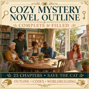 May include: A digital document titled COZY MYSTERY NOVEL OUTLINE COMPLETE & FILLED, featuring a scene of four people sitting around a wooden table with tea and photos, surrounded by bookshelves and a window view, with text 25 CHAPTERS SAVE THE CAT.