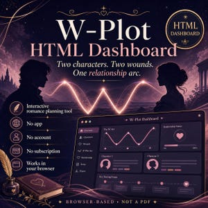 以下が含まれることがあります： ロマンス計画用の「W-Plot HTML Dashboard」を宣伝するデジタルグラフィック。画像には、様式化されたグラフ、男性と女性のシルエット、そして「Two characters. Two wounds. One relationship arc.」というテキストが表示されています。