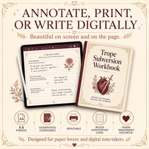 Pode incluir: Um caderno de exerc&iacute;cios Trope Subversion com uma ilustra&ccedil;&atilde;o de cora&ccedil;&atilde;o e espada, um tablet exibindo uma p&aacute;gina digital com um gr&aacute;fico de rosa e notas manuscritas, e uma caneta stylus. O texto inclui ANNOTATE, PRINT, OR WRITE DIGITALLY e A4 FORMAT.