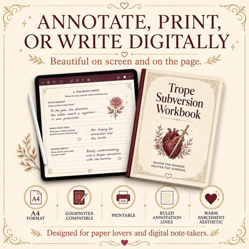 Pode incluir: Um caderno de exerc&iacute;cios Trope Subversion com uma ilustra&ccedil;&atilde;o de cora&ccedil;&atilde;o e espada, um tablet exibindo uma p&aacute;gina digital com um gr&aacute;fico de rosa e notas manuscritas, e uma caneta stylus. O texto inclui ANNOTATE, PRINT, OR WRITE DIGITALLY e A4 FORMAT.