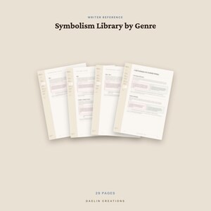 K&ouml;nnte beinhalten: Ein digitales Dokument mit dem Titel Writer Reference Symbolism Library by Genre, bestehend aus 29 Seiten von Daelin Creations. Das Dokument zeigt wei&szlig;e Seiten mit dunklem Text und hellbeigen Akzenten sowie strukturierte Listen und Inhalte.