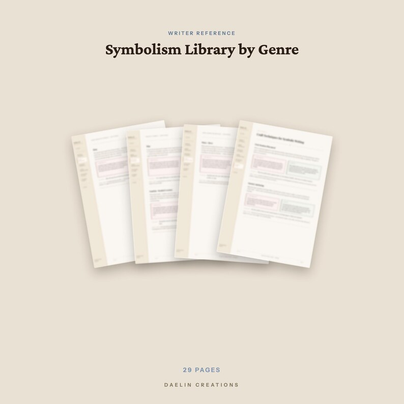K&ouml;nnte beinhalten: Ein digitales Dokument mit dem Titel Writer Reference Symbolism Library by Genre, bestehend aus 29 Seiten von Daelin Creations. Das Dokument zeigt wei&szlig;e Seiten mit dunklem Text und hellbeigen Akzenten sowie strukturierte Listen und Inhalte.