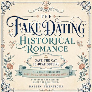 May include: A square graphic with a cream background featuring dark blue and teal text that reads The Fake Dating Historical Romance, Save The Cat 15-Beat Outline, and Daelin Creations. The design is framed by ornate blue floral borders.