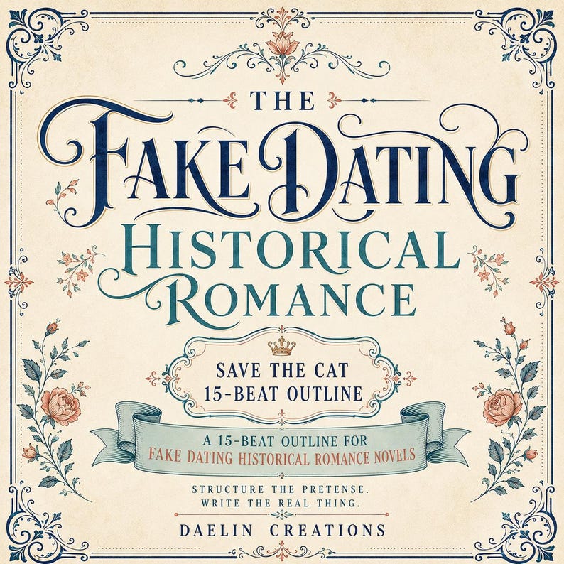 May include: A square graphic with a cream background featuring dark blue and teal text that reads The Fake Dating Historical Romance, Save The Cat 15-Beat Outline, and Daelin Creations. The design is framed by ornate blue floral borders.