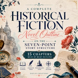 May include: A document titled A COMPLETE HISTORICAL FICTION Novel Outline ON THE SEVEN-POINT STORY STRUCTURE with 15 CHAPTERS BEAT BY BEAT OUTLINE. Features a brass compass, fountain pen, floral illustrations, and a vintage map background.