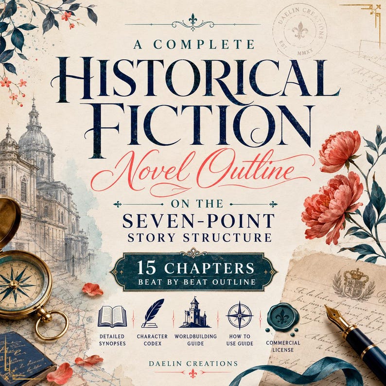 May include: A document titled A COMPLETE HISTORICAL FICTION Novel Outline ON THE SEVEN-POINT STORY STRUCTURE with 15 CHAPTERS BEAT BY BEAT OUTLINE. Features a brass compass, fountain pen, floral illustrations, and a vintage map background.