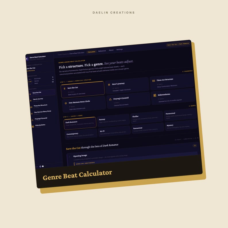 May include: A digital interface titled Genre Beat Calculator by Daelin Creations. The dark-themed screen displays a narrative structure selection tool with options like Save the Cat, Hero's Journey, and Three Act Structure, plus genre settings.