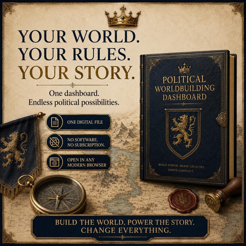 May include: A dark blue book titled Political Worldbuilding Dashboard with a gold lion crest, a brass compass, a wax seal, and a banner. Text reads: Your World. Your Rules. Your Story. One dashboard. No software, no subscription. Open in any modern browser.