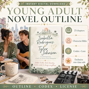 Può includere: Un download digitale per una scaletta di romanzi per giovani adulti. La copertina presenta il titolo "Isabella Rodriguez & Tyler Johnson" con un paesaggio urbano e palme. Ulteriori elementi includono una tazza di caffè, un taccuino e un ciak.