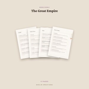 Puede incluir: Un conjunto de cuatro p&aacute;ginas de papel blanco tituladas World Bible The Great Empire, con texto impreso y listas. El documento incluye 11 p&aacute;ginas en total, con el texto Daelin Creations impreso en la parte inferior sobre un fondo beige claro.