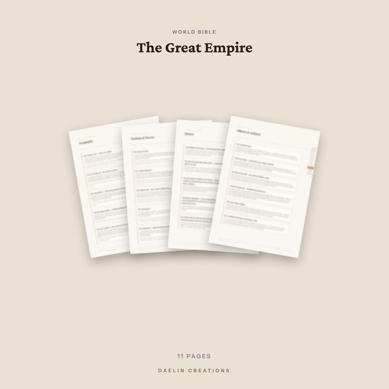 Puede incluir: Un conjunto de cuatro p&aacute;ginas de papel blanco tituladas World Bible The Great Empire, con texto impreso y listas. El documento incluye 11 p&aacute;ginas en total, con el texto Daelin Creations impreso en la parte inferior sobre un fondo beige claro.