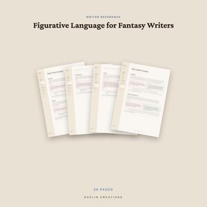 May include: A writer reference guide titled Figurative Language for Fantasy Writers, consisting of 26 pages by Daelin Creations. The document features four overlapping white pages with dark text and light pink highlights, presented on a beige background.
