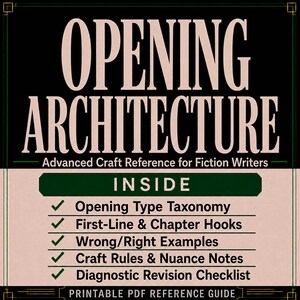 May include: A rectangular reference guide titled OPENING ARCHITECTURE: Advanced Craft Reference for Fiction Writers. The text lists contents including Opening Type Taxonomy, First-Line & Chapter Hooks, Wrong/Right Examples, Craft Rules, and a Revision Checklist.