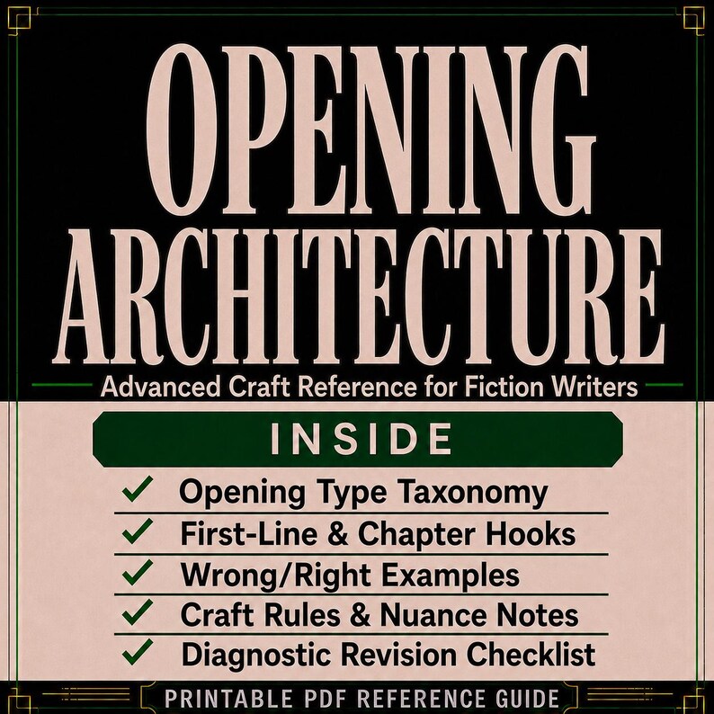 May include: A rectangular reference guide titled OPENING ARCHITECTURE: Advanced Craft Reference for Fiction Writers. The text lists contents including Opening Type Taxonomy, First-Line & Chapter Hooks, Wrong/Right Examples, Craft Rules, and a Revision Checklist.