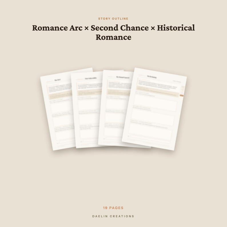 以下が含まれることがあります： Romance Arc、Second Chance、Historical Romanceというテキスト見出しが付いた4枚の重なり合う白いページで構成されるデジタルストーリーアウトラインテンプレート。ドキュメントは合計19ページで、Daelin Creationsというテキストが記載されています。