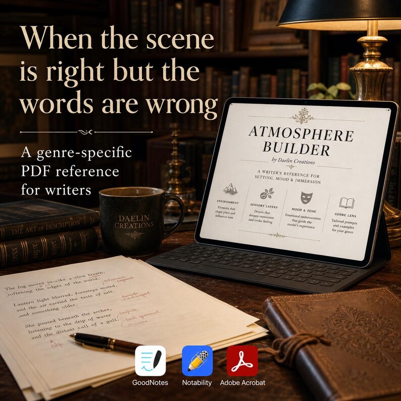 Beschreibende Wörter für Autoren, Genre-Vokabular, Schreibthesaurus für Schauplatz- und Sinnesbeschreibungen, GoodNotes-Autorentool Bild 9