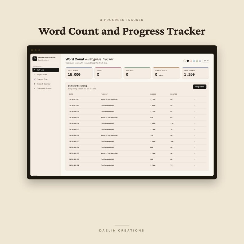 Word Count Progress Tracker | Interactive HTML Dashboard | NaNoWriMo & Daily Writing Goals image 3