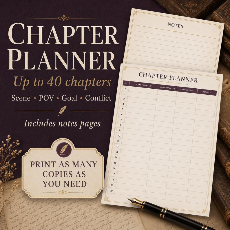 May include: A Chapter Planner with space for up to 40 chapters, scene, POV, goal, and conflict. Includes notes pages. The text "Print as many copies as you need" is also visible. A pen rests on the page.