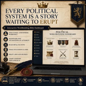 May include: A digital interactive worldbuilding dashboard displayed on a laptop screen, featuring sections for rulers, factions, succession, laws, and conflicts. The interface includes a quill pen and wax seal, with text reading EVERY POLITICAL SYSTEM IS A STORY WAITING TO ERUPT.