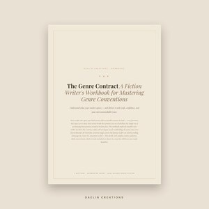 May include: A beige workbook titled The Genre Contract: A Fiction Writer's Workbook for Mastering Genre Conventions. The cover features black serif text, a descriptive paragraph, and the footer text 7 SECTIONS GOODNOTES READY DAELINCREATIONS.ETSY.COM.