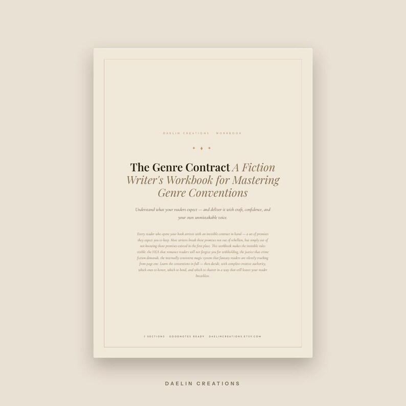 May include: A beige workbook titled The Genre Contract: A Fiction Writer's Workbook for Mastering Genre Conventions. The cover features black serif text, a descriptive paragraph, and the footer text 7 SECTIONS GOODNOTES READY DAELINCREATIONS.ETSY.COM.